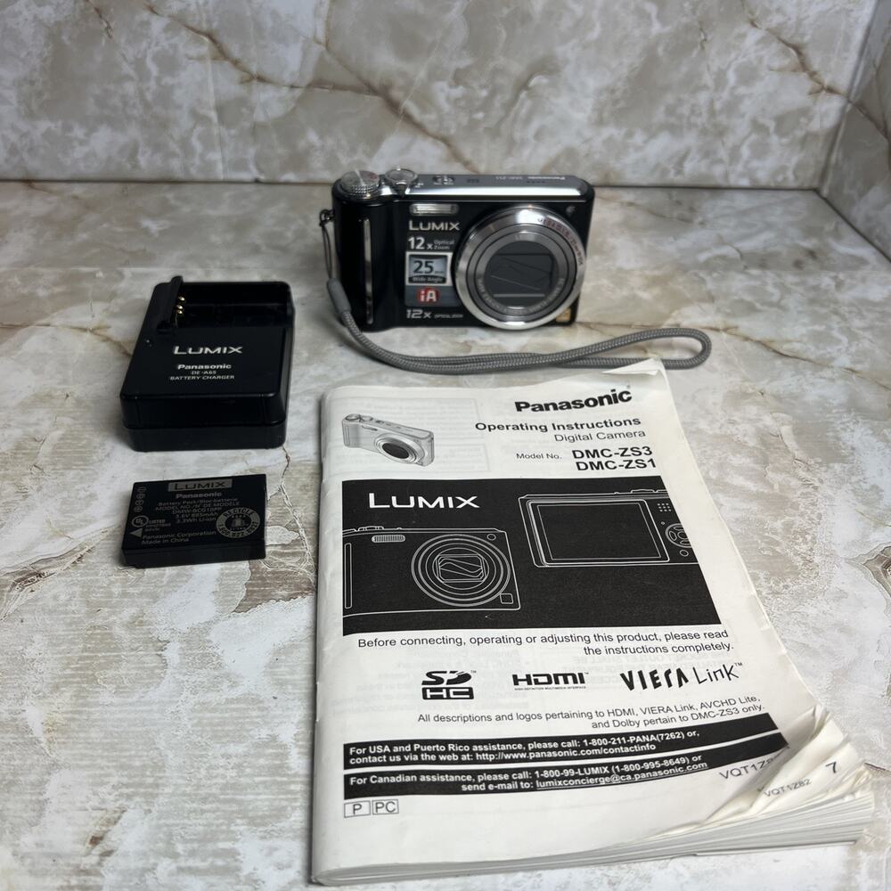 Panasonic Lumix DMC-ZS1 Black Digital Camera Zoom 10MP Tested w/ Charger
